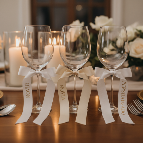 Primer plano de lazo de satén personalizado con el nombre de un invitado usado como servilletero/copa en una mesa de boda