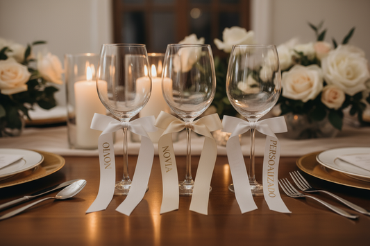 Primer plano de lazo de satén personalizado con el nombre de un invitado usado como servilletero/copa en una mesa de boda